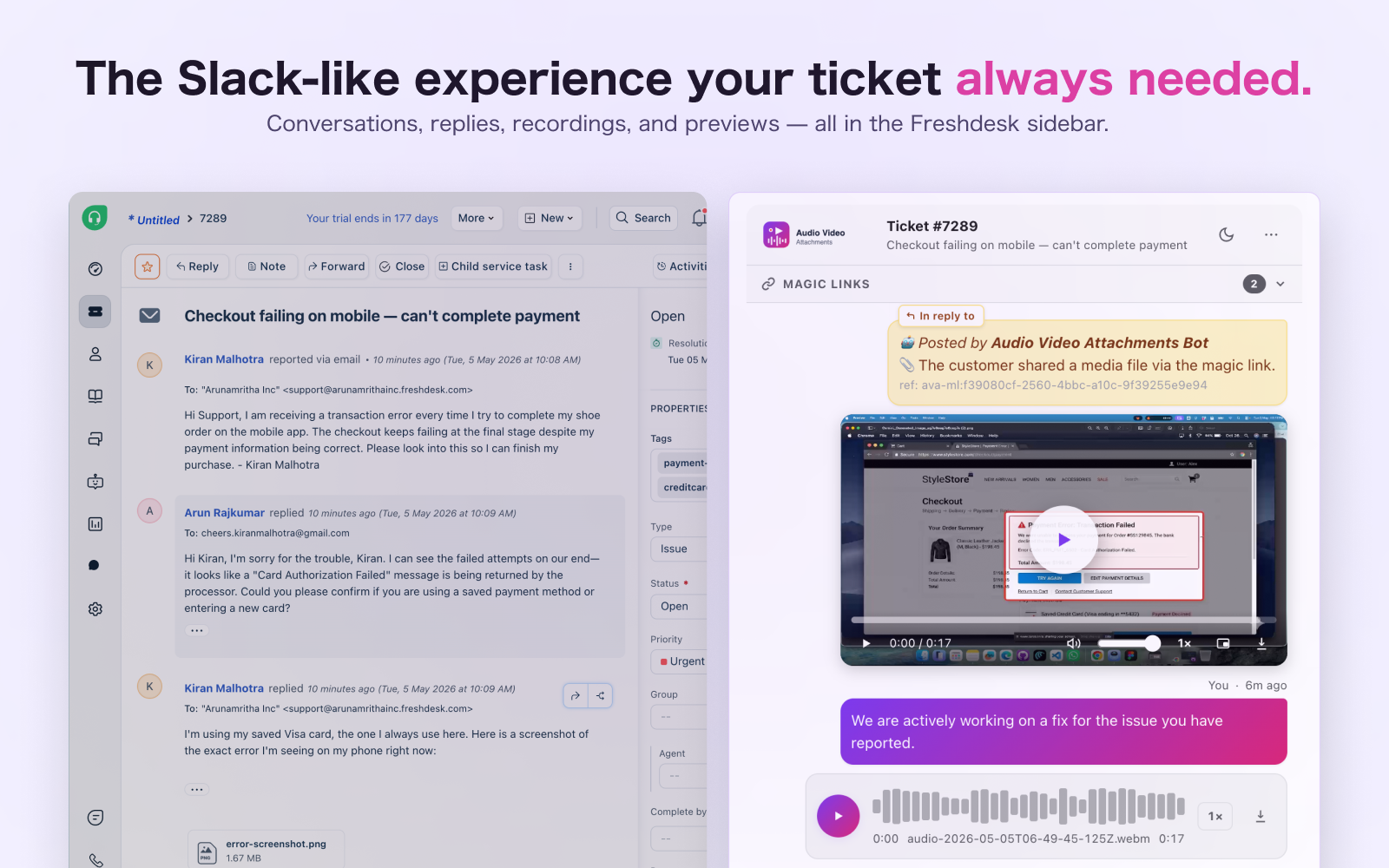 The full Freshdesk + AVA modal experience — Slack-style conversation with inline media players