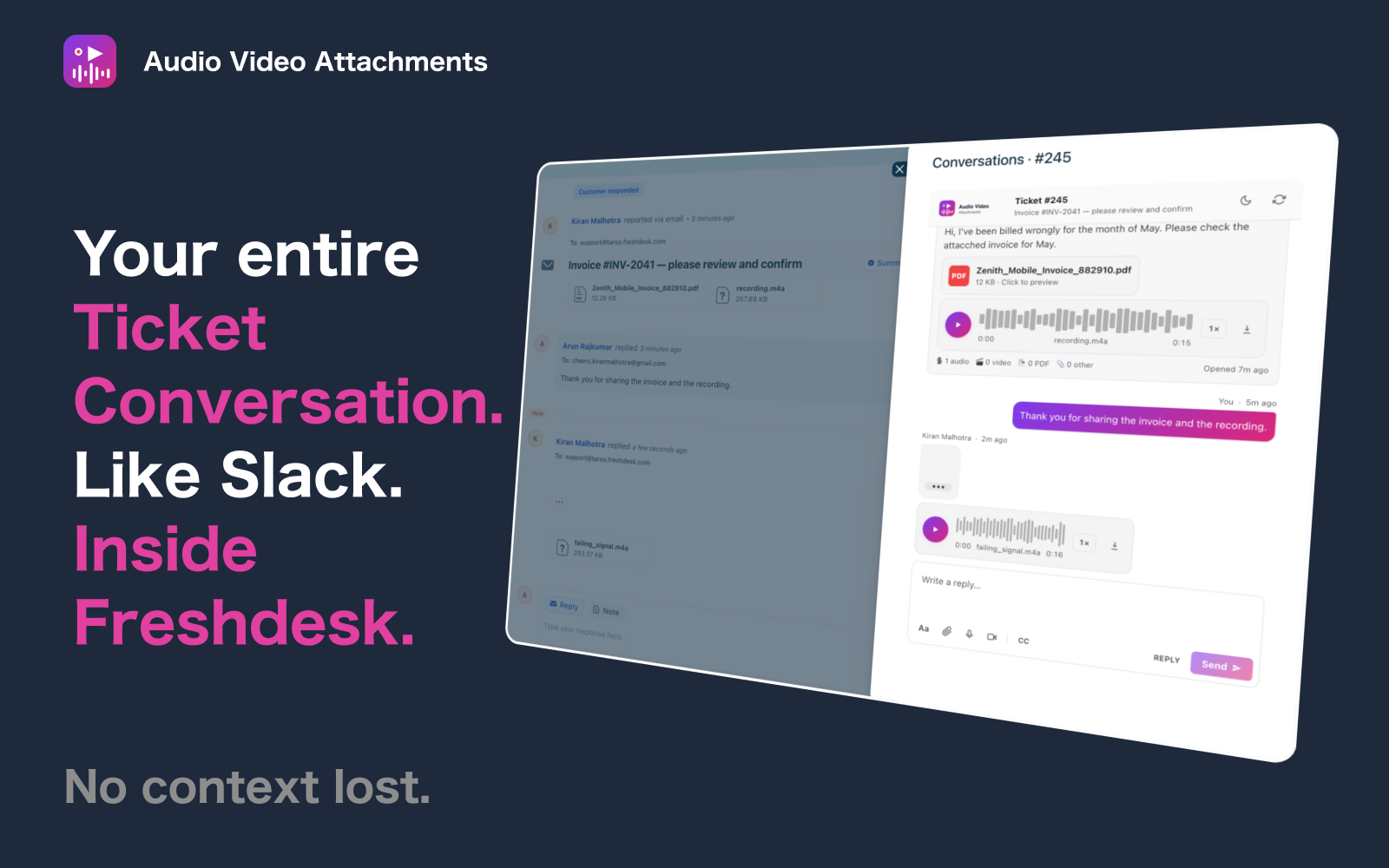 The Slack-like experience inside Freshdesk — chat timeline with inline audio player
