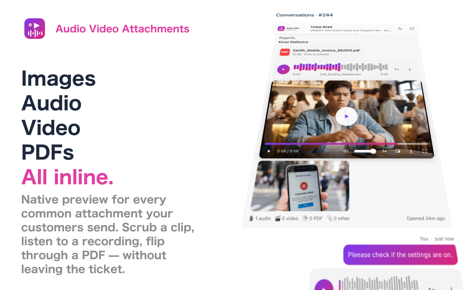 All four media types — image, audio, video, PDF — visible inline in a single conversation viewport
