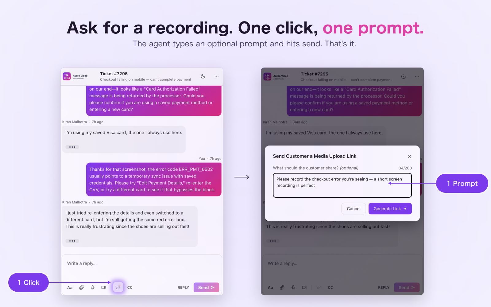 Two-step Magic Link flow — composer with the magic link icon highlighted, then the context prompt dialog open