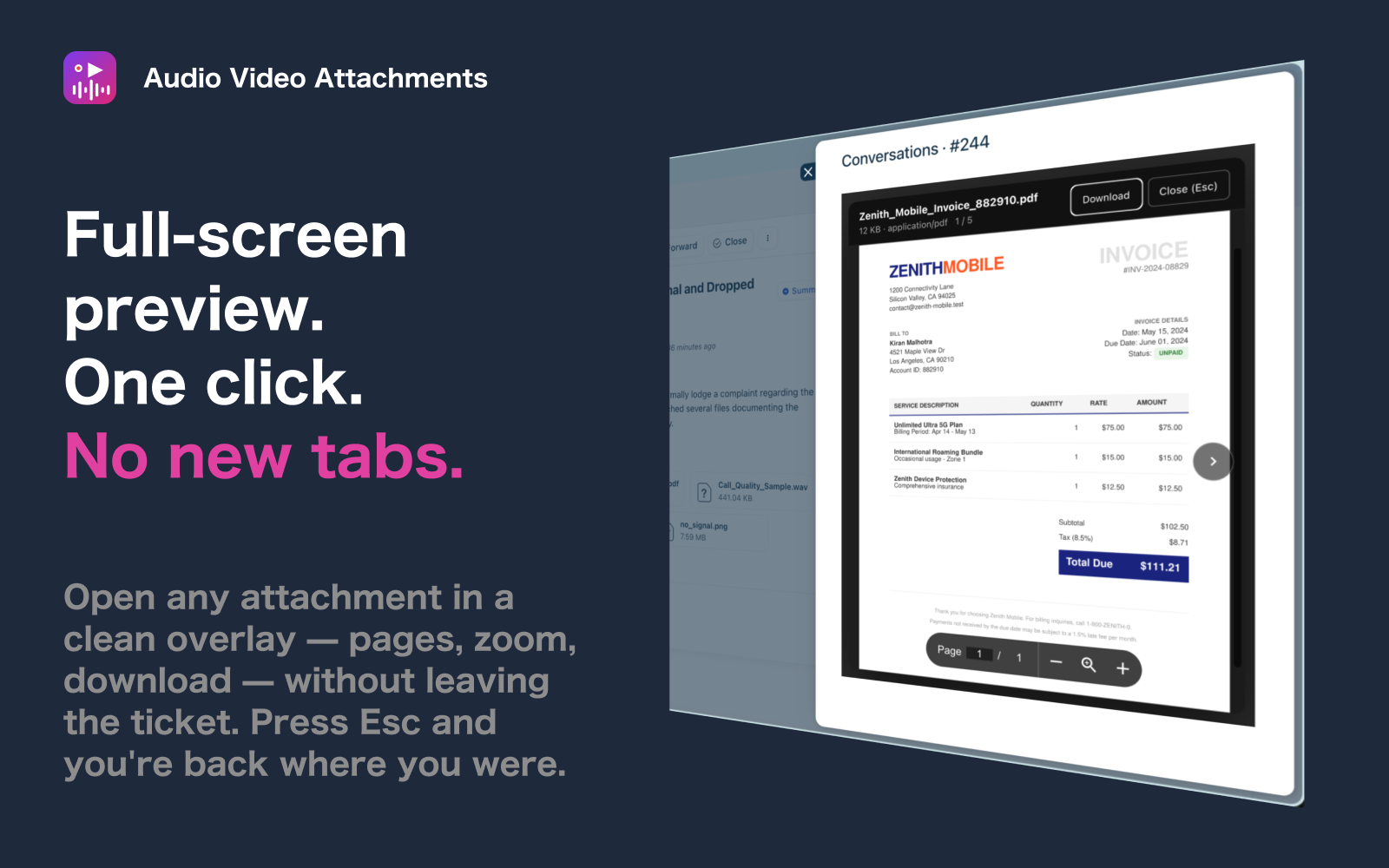 Full-screen PDF preview open inside the ticket with the conversation visible behind it
