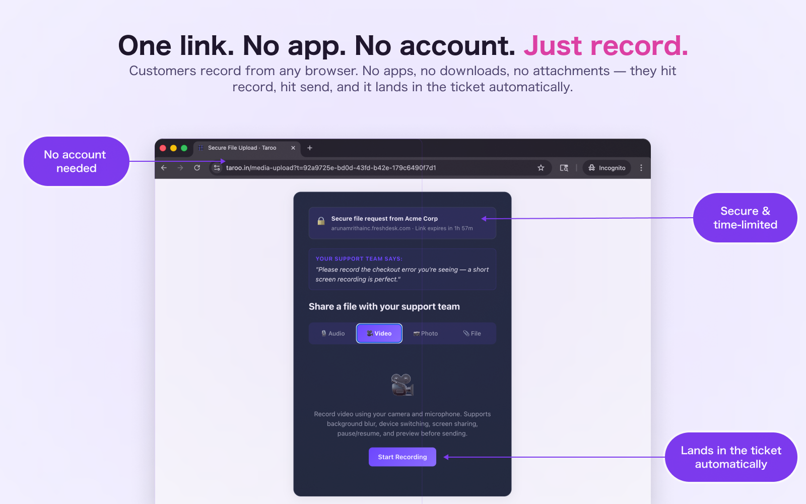 The customer-facing Magic Link upload page — secure trust header, agent's context prompt, and Start Recording button