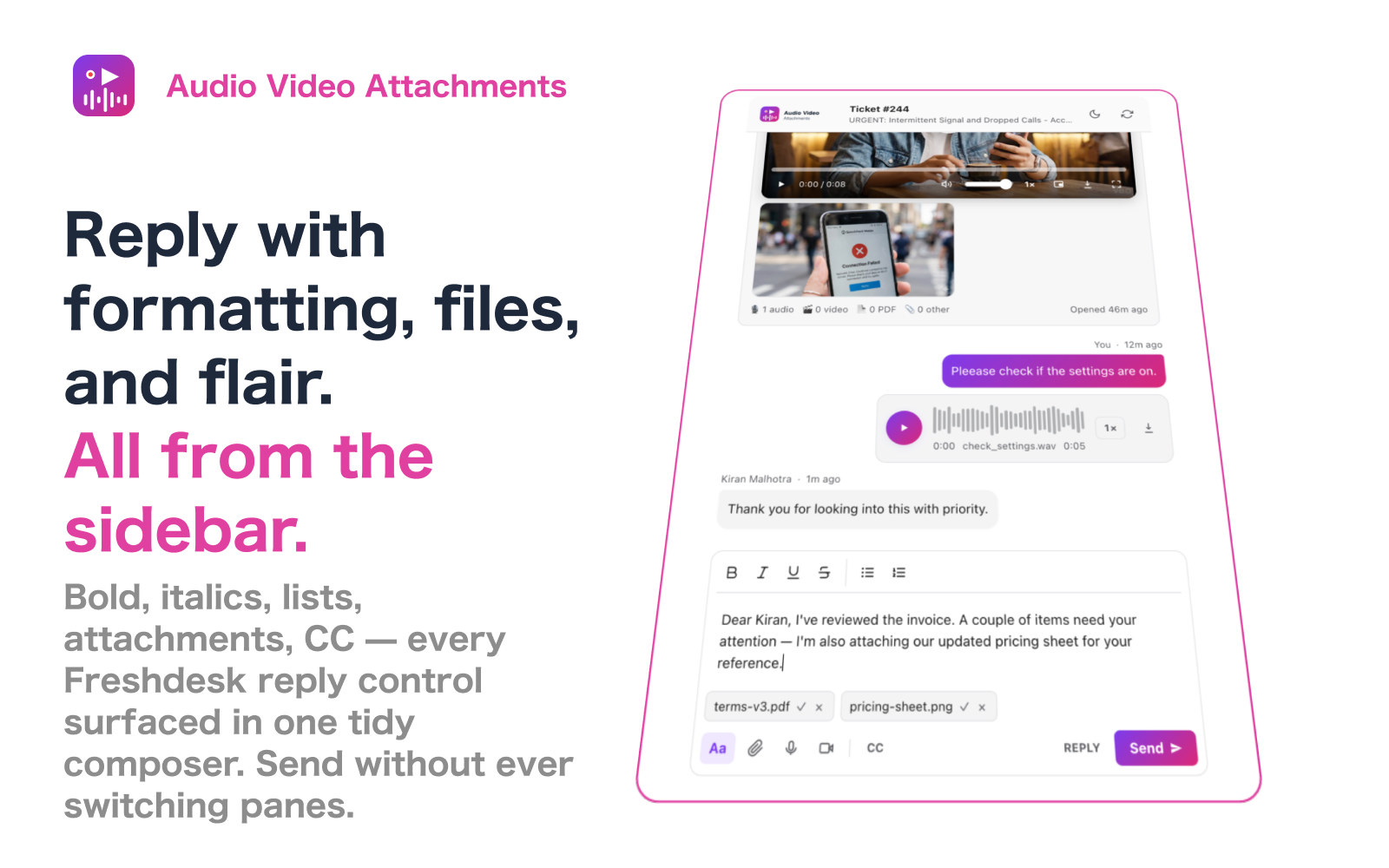 Rich-text composer with formatting toolbar expanded, attachment chips, and reply/note toggle