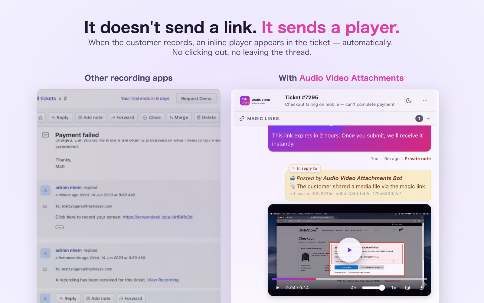 Side-by-side comparison: Screendesk sends a plain 'View Recording' hyperlink; AVA delivers a full inline video player inside the ticket