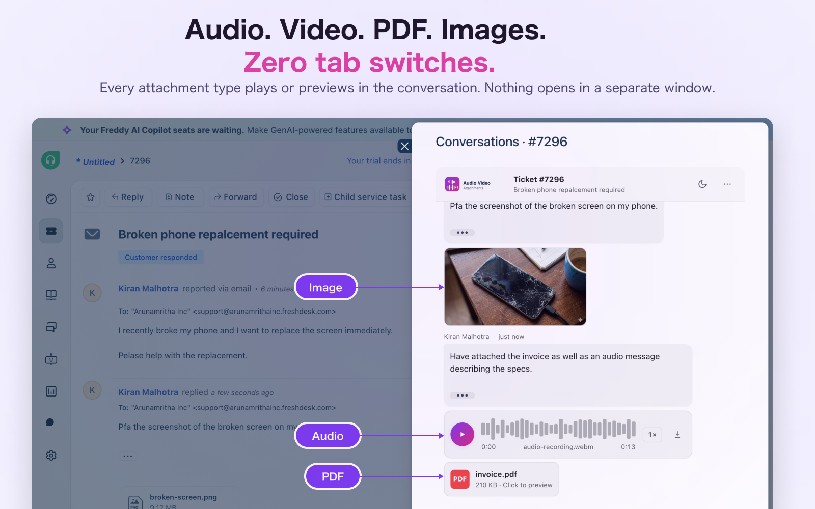 Conversation timeline showing a waveform audio player, video player with scrubber, PDF attachment tile, and inline image — all in one scroll