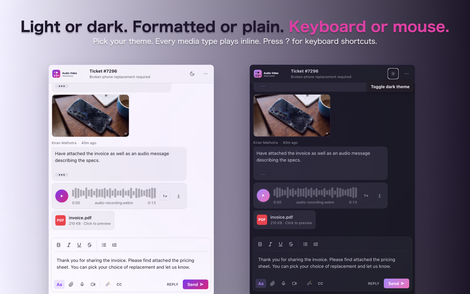 AVA modal in light mode and dark mode side by side — same rich conversation and composer, fully polished in both themes