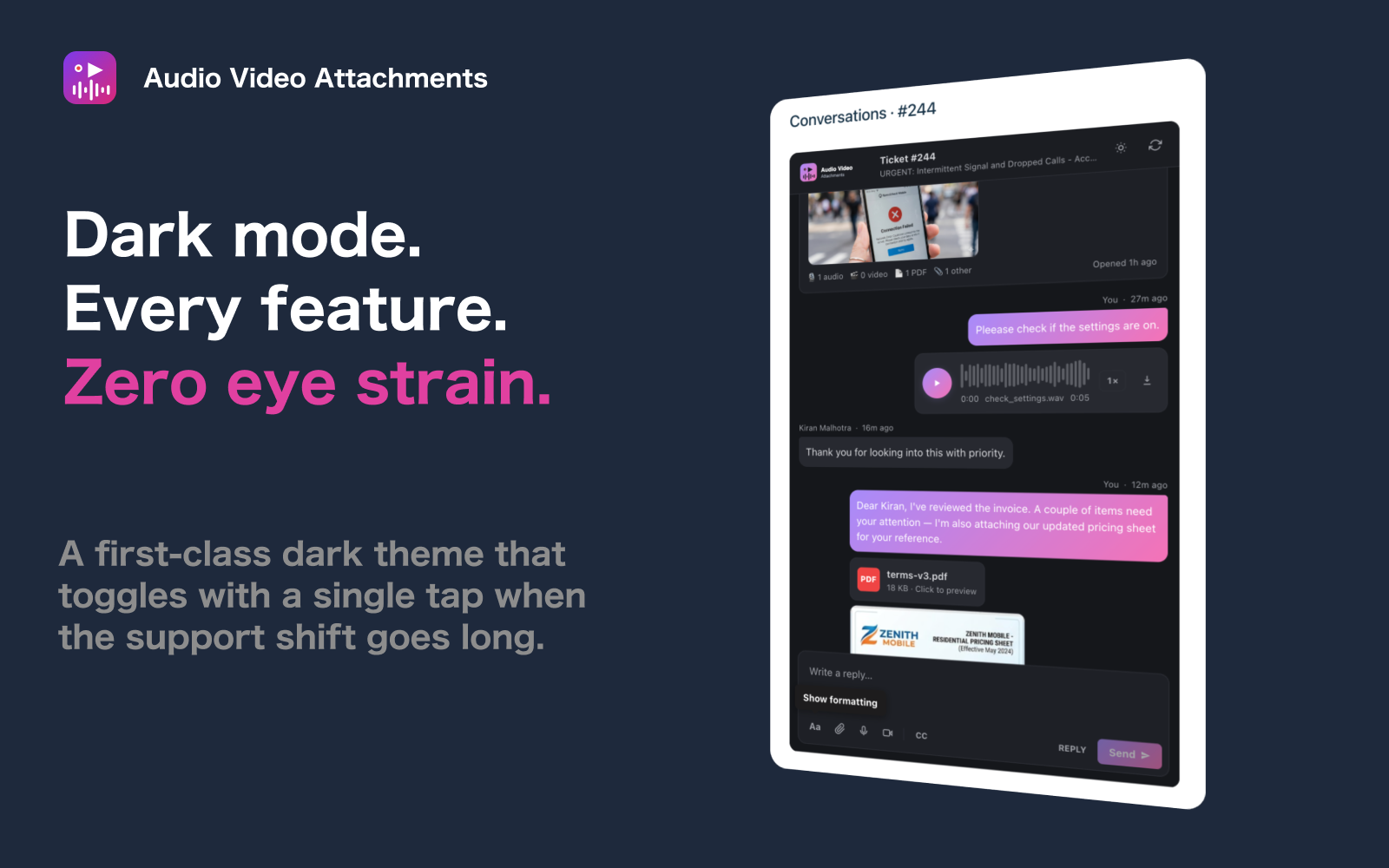 Audio Video Attachments in dark mode — full chat timeline and composer