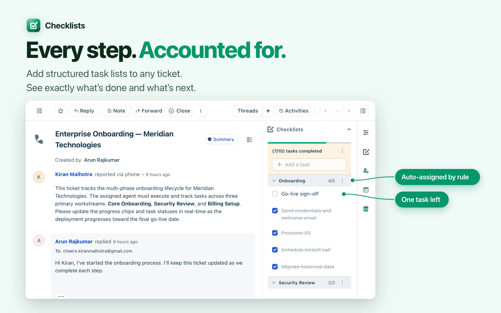 Checklists sidebar panel on a Freshdesk ticket showing three task lists with progress