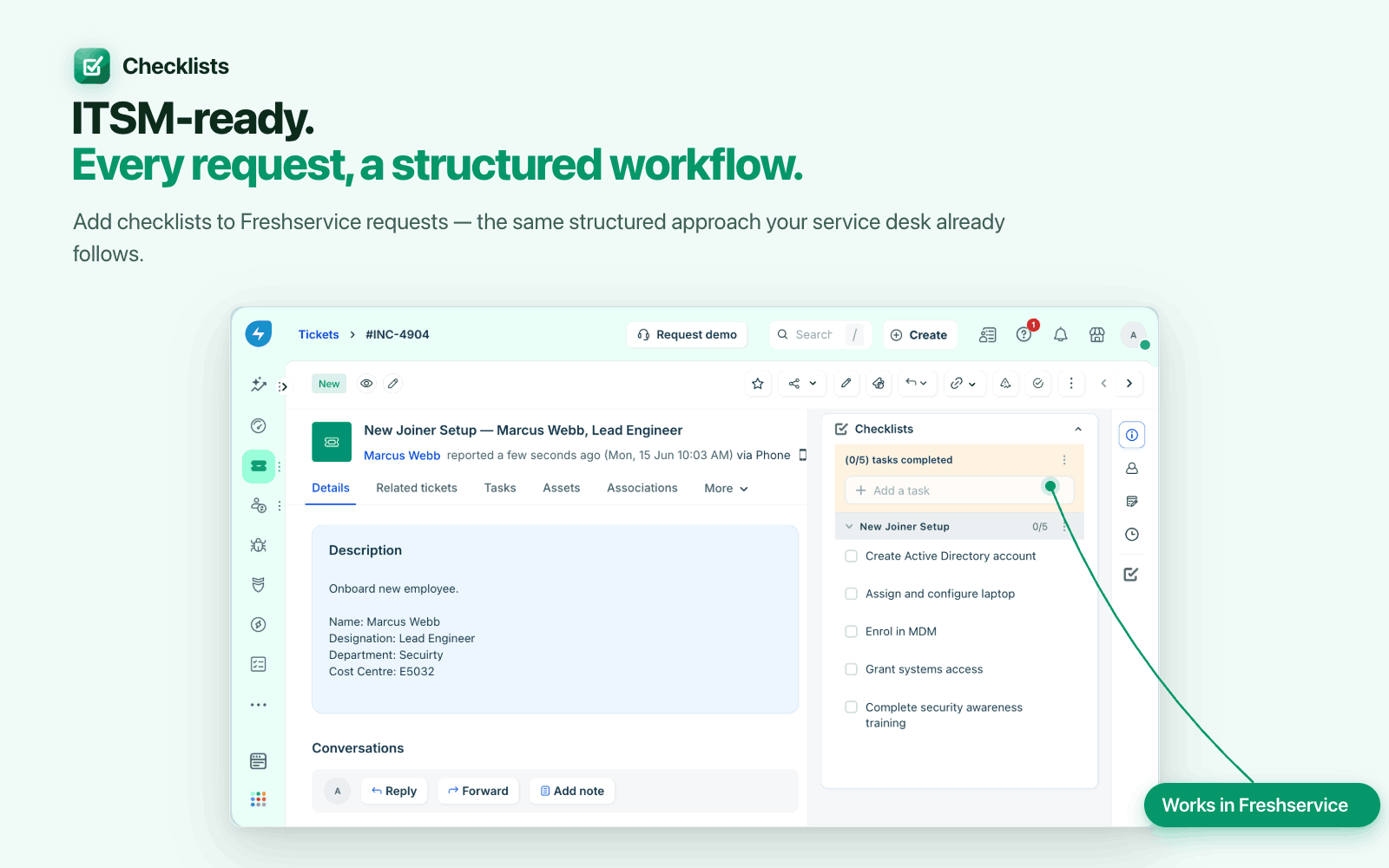 Checklists sidebar on a Freshservice request