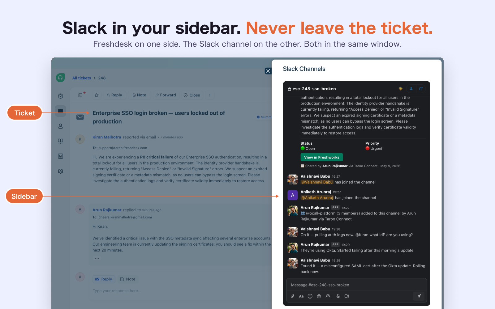 Slack Channels — full sidebar chat panel with live team conversation inside Freshdesk