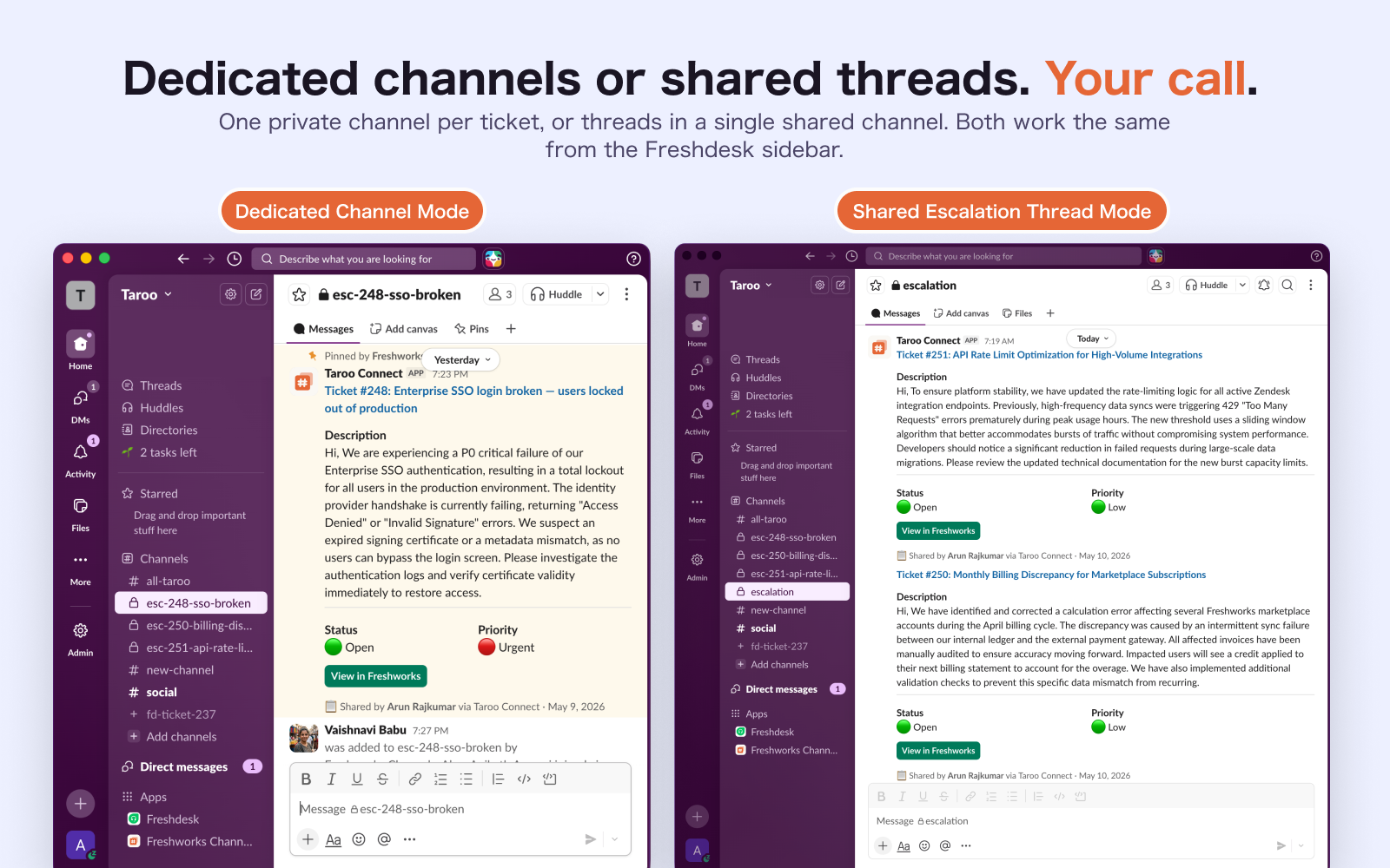 Dedicated Channel mode and Shared Escalation Thread mode side by side