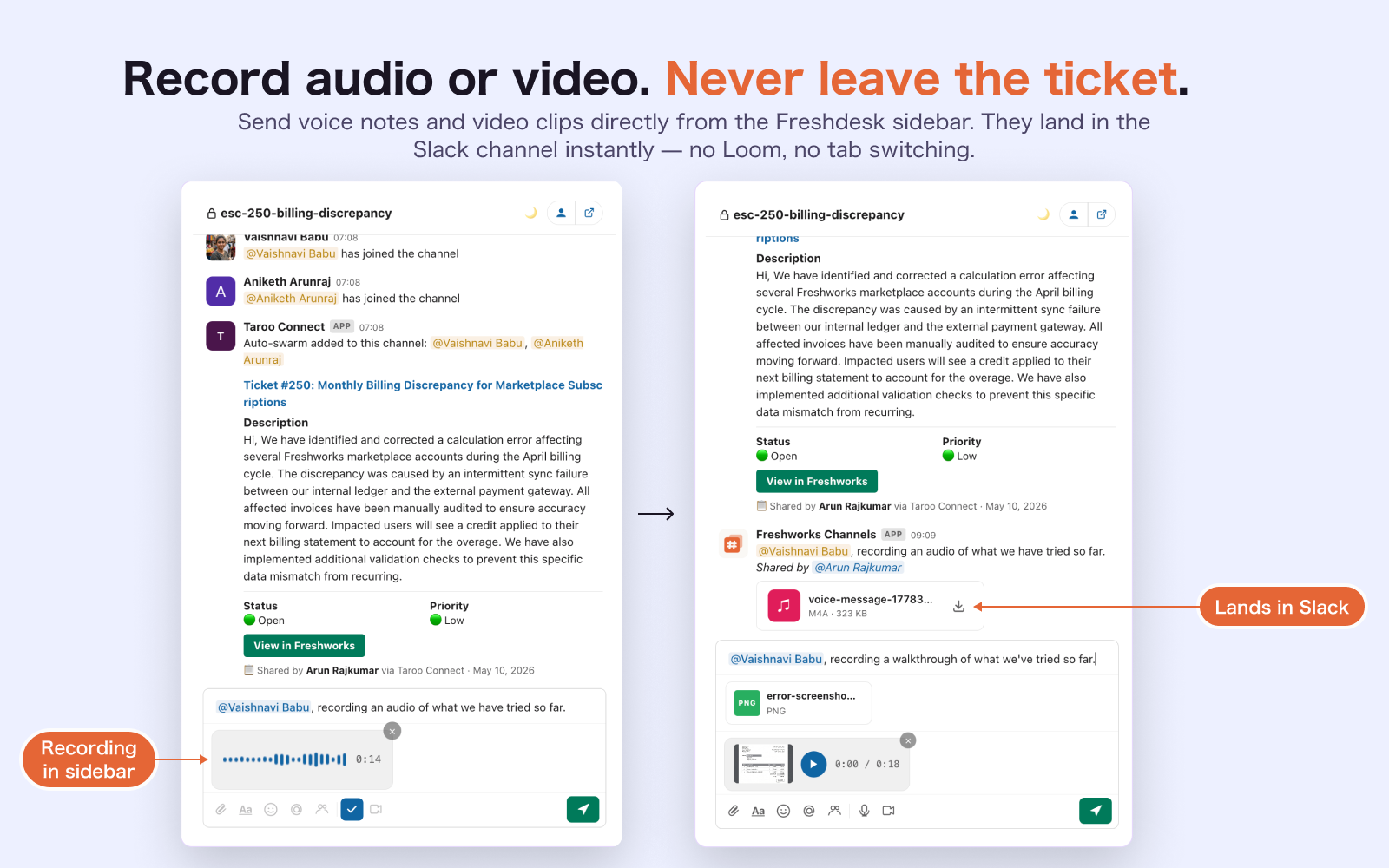 Audio and video recording from the Freshdesk sidebar