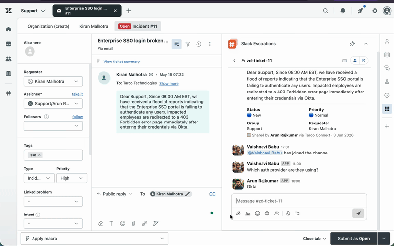 Real-time in-sidebar chat — agent sends a message, Slack collaborator replies, both sides see the same conversation