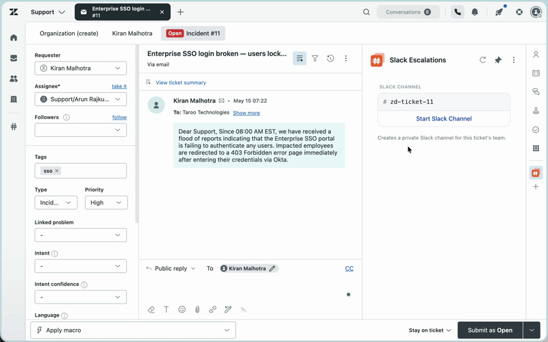 One-click escalation — a dedicated Slack channel is created instantly and opens inside the Zendesk sidebar