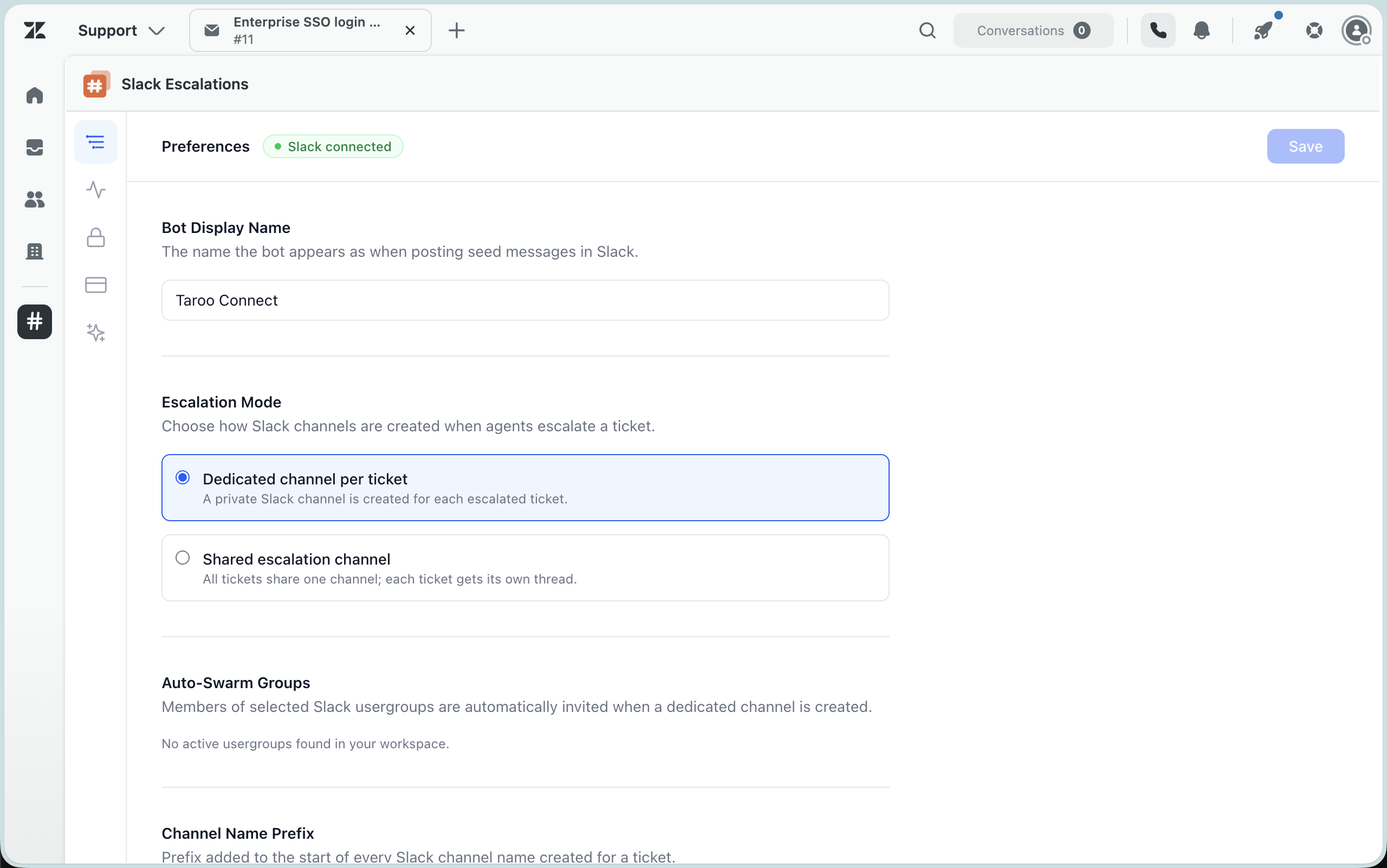 The Preferences tab after connecting Slack — the green Slack connected badge is visible in the header and the escalation mode options are now active — 1280×800px PNG