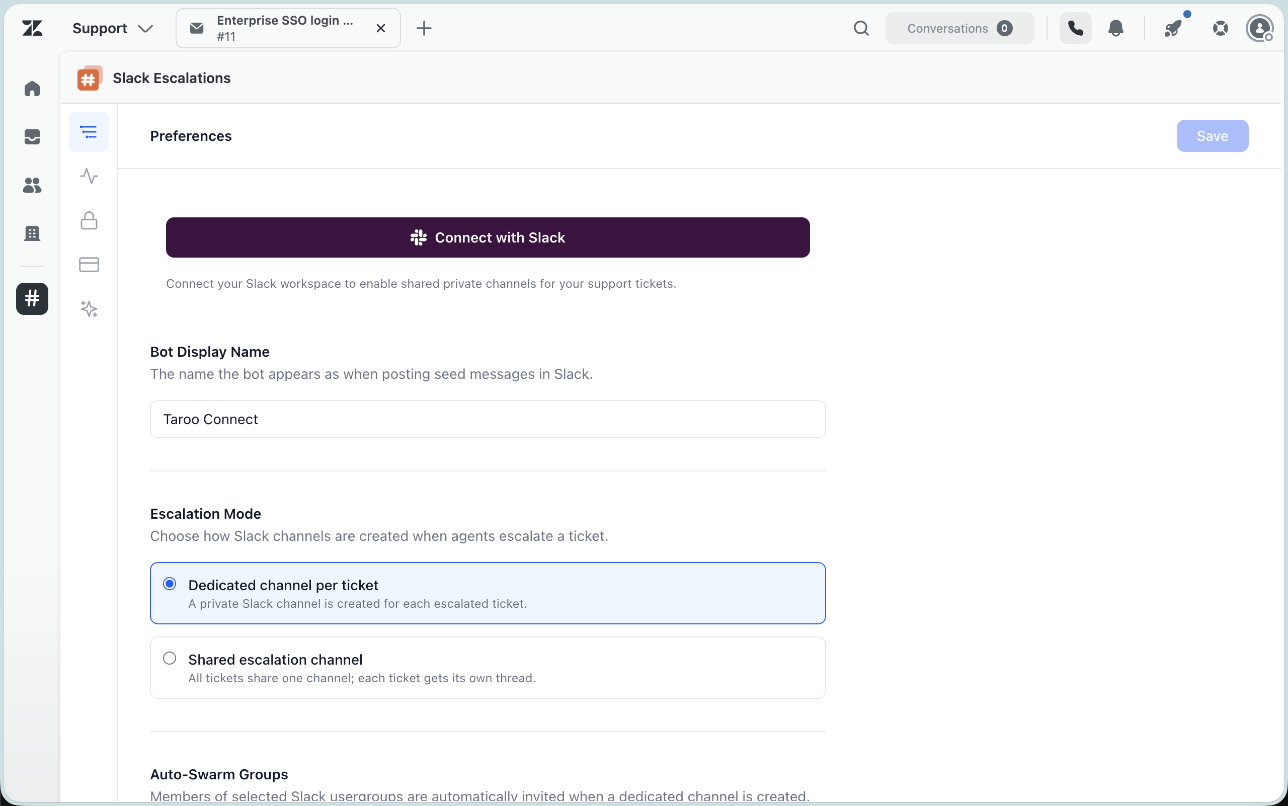 The Slack Escalations icon in the Zendesk left navigation bar, and the Preferences tab open with the Connect with Slack button visible at the top — 1280×800px PNG