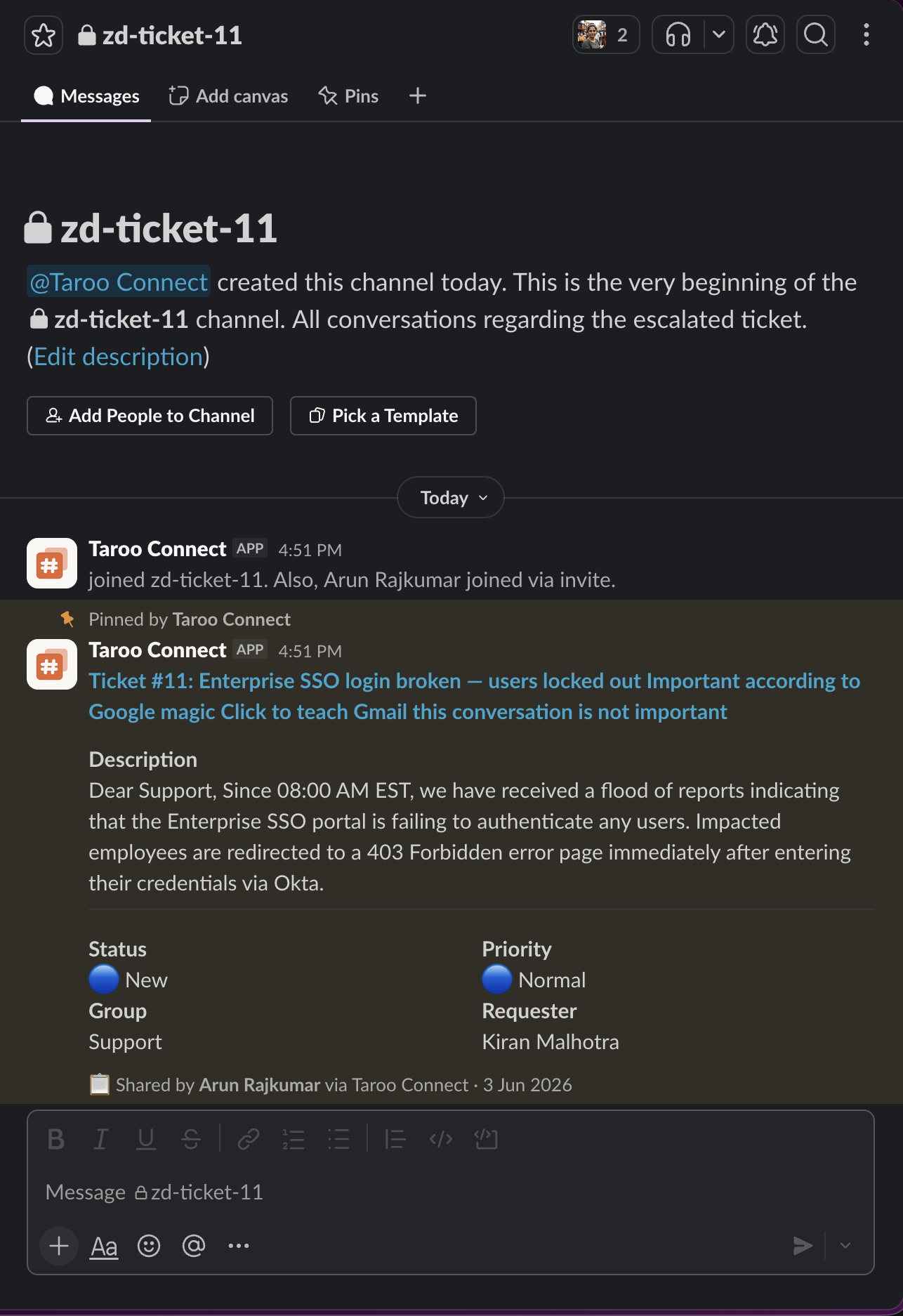 The escalation seed message in Slack — ticket subject, description, and a View in Zendesk button posted automatically when the channel is created