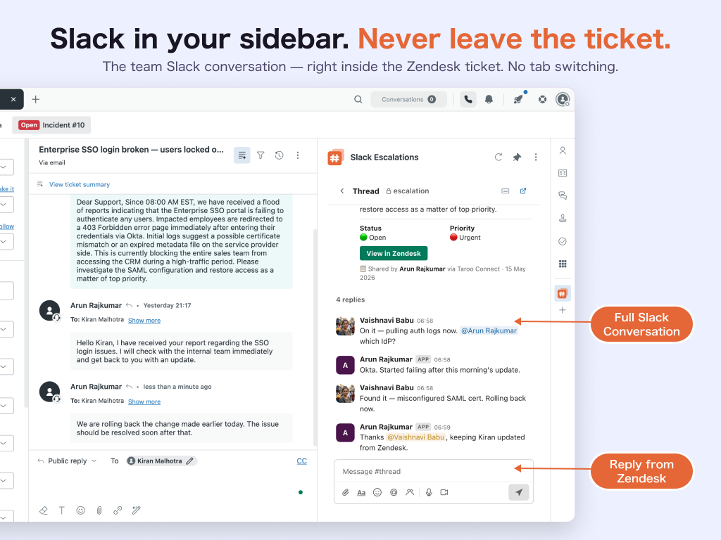 Slack Escalations — full team Slack conversation inside the Zendesk ticket sidebar