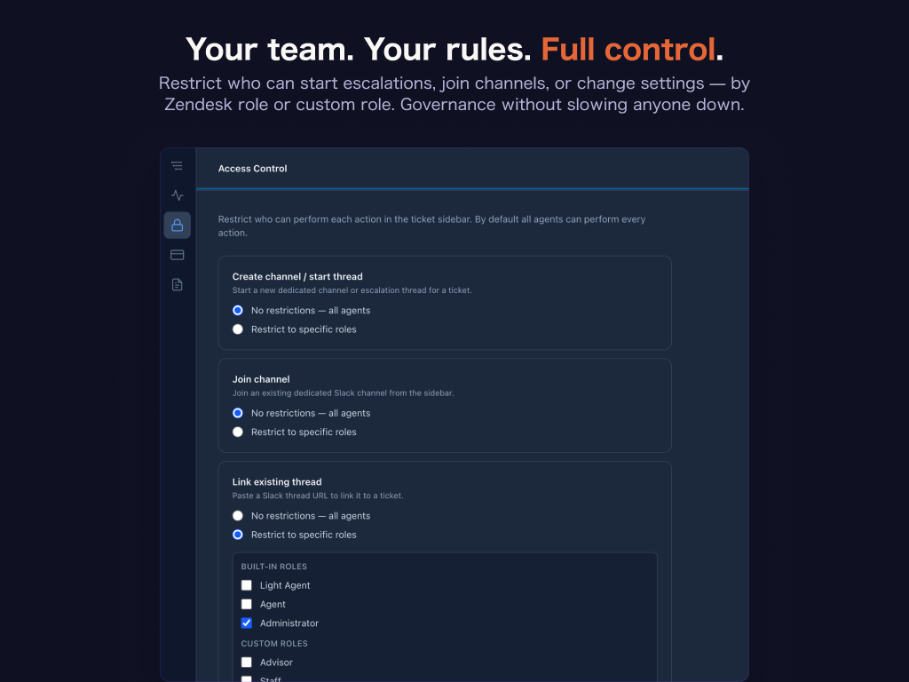 Role-Based Access Control — restrict escalation actions by Zendesk role or custom role