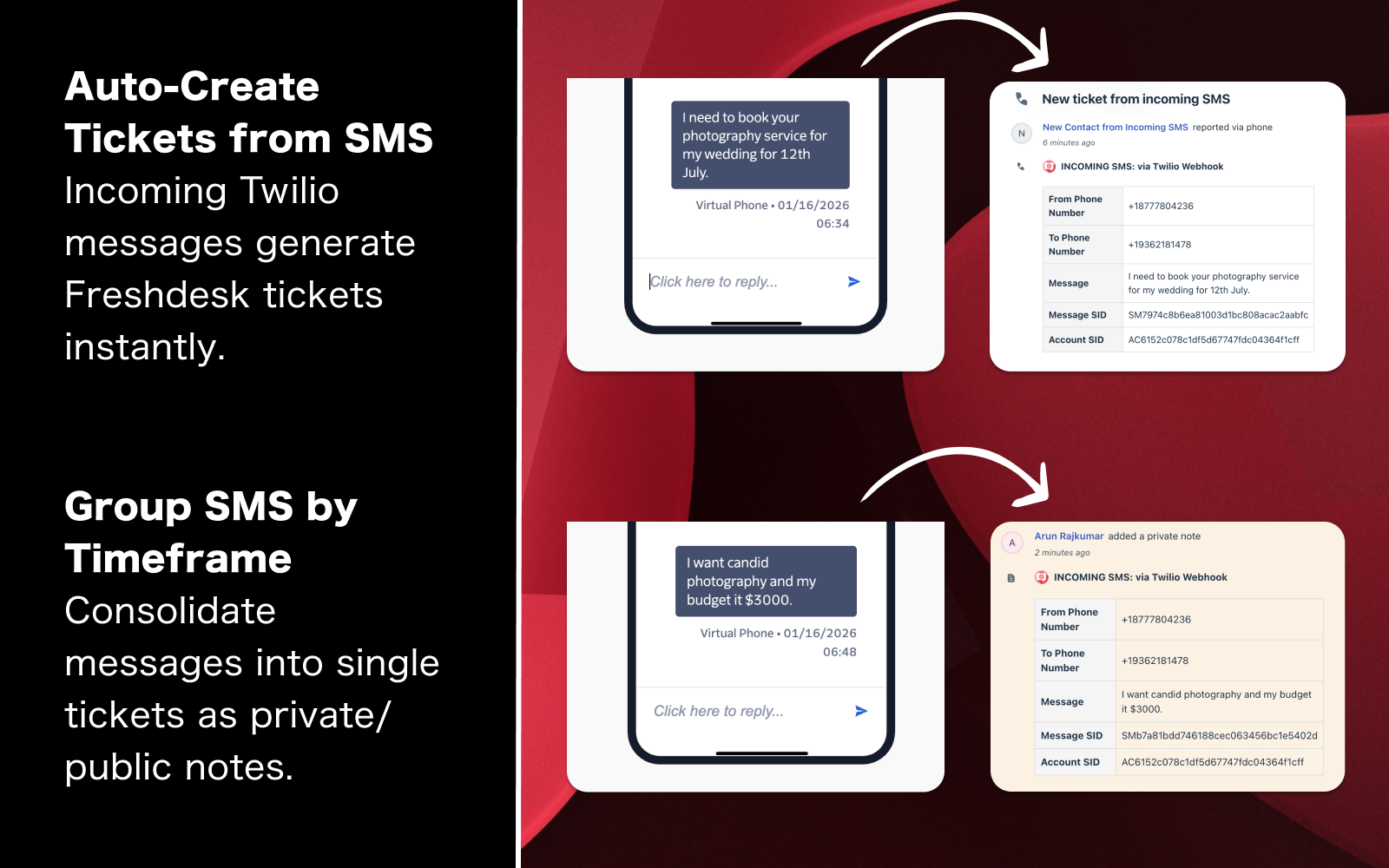 Incoming SMS automatically creates a Freshdesk ticket with full message context