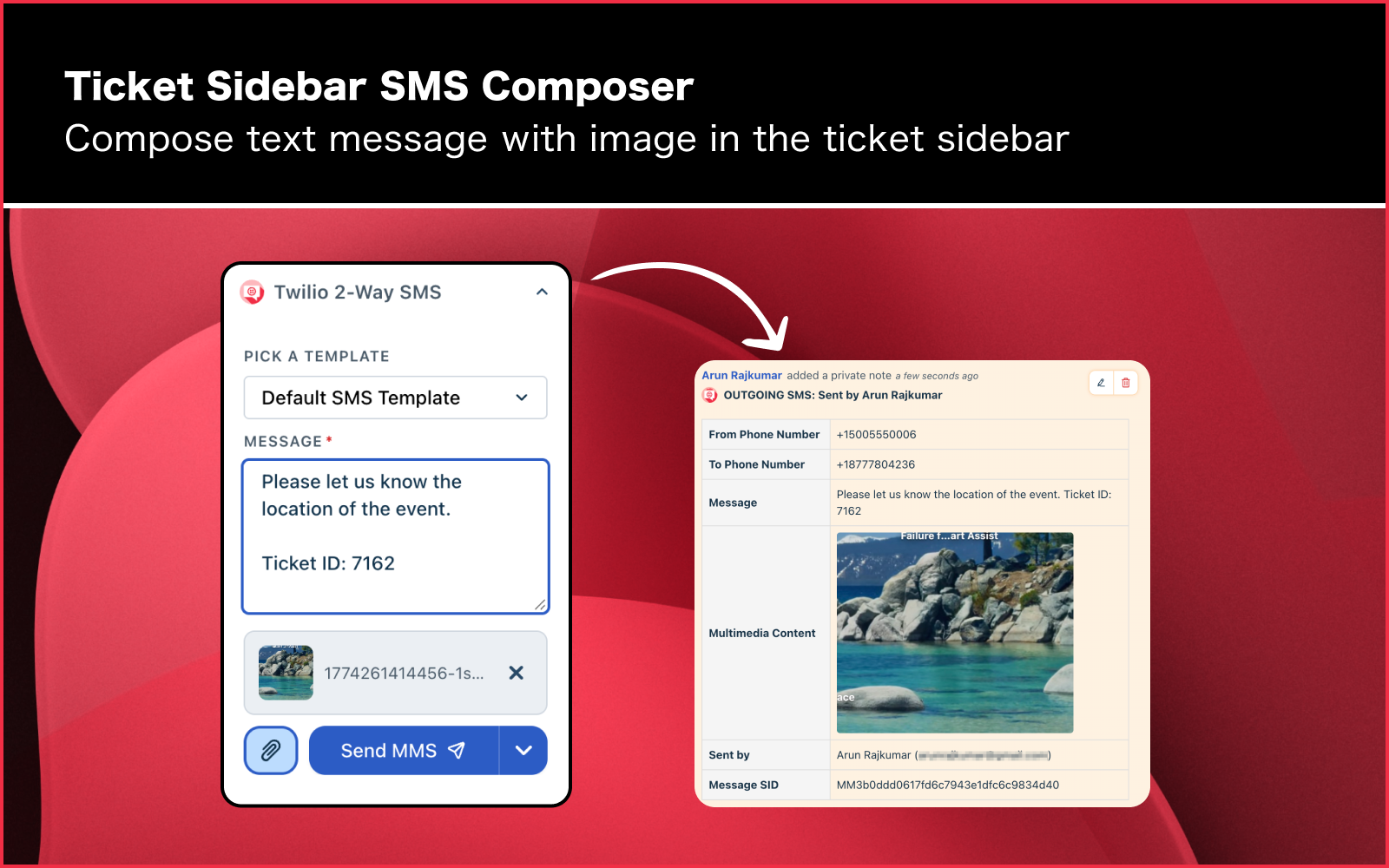 Freshdesk ticket sidebar — compose and send SMS directly from the ticket
