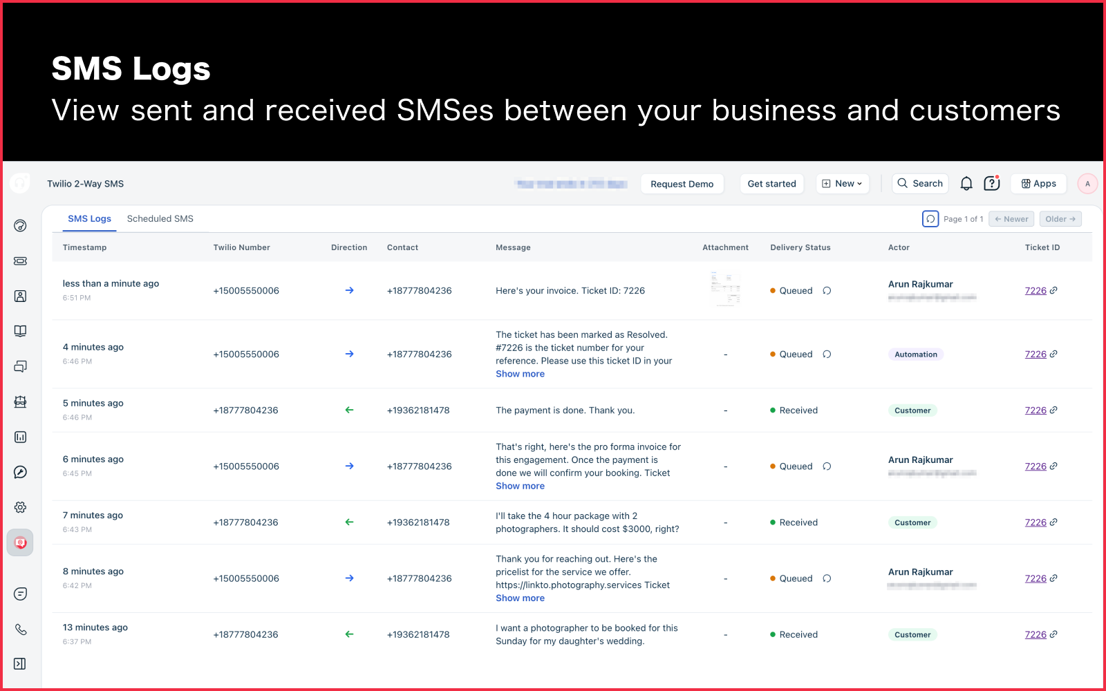 SMS Logs — full history of every sent and received message with delivery status