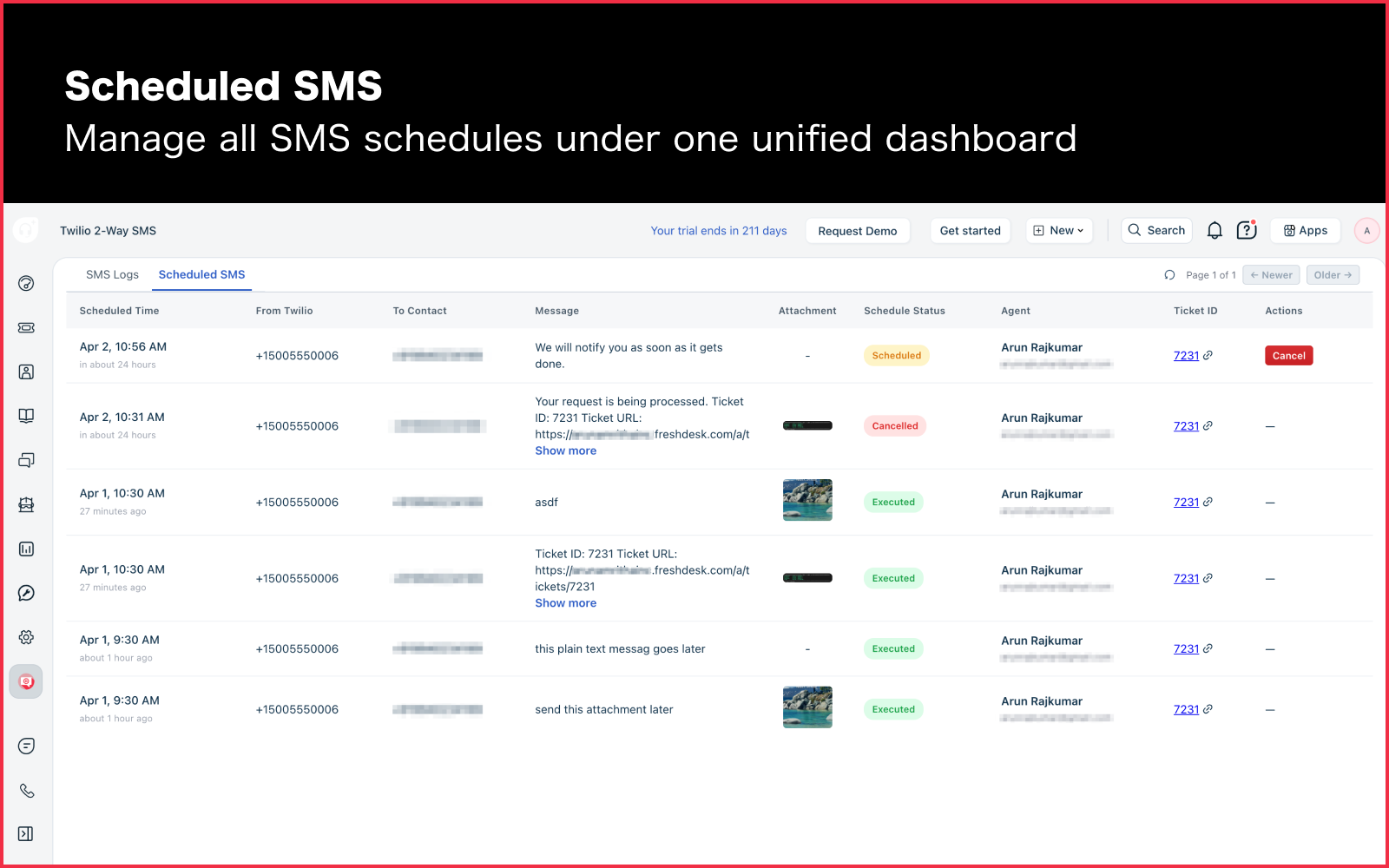 Scheduled SMS — queue messages to send at a specific date and time