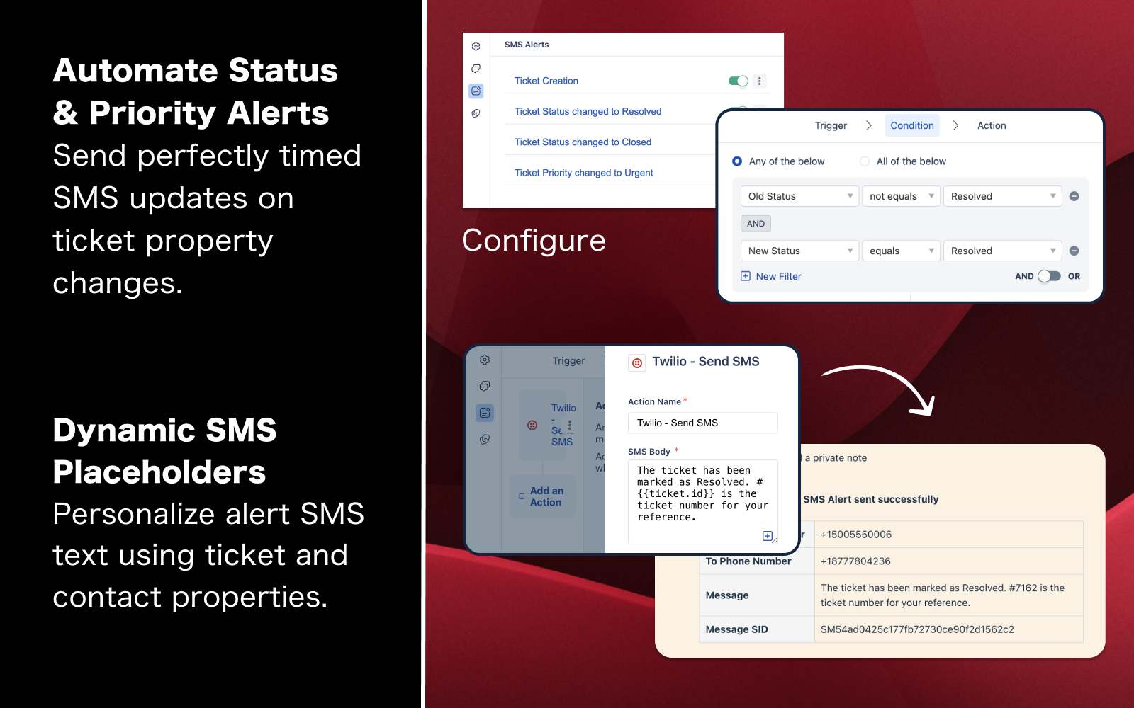 SMS Alerts — automated messages triggered by ticket events